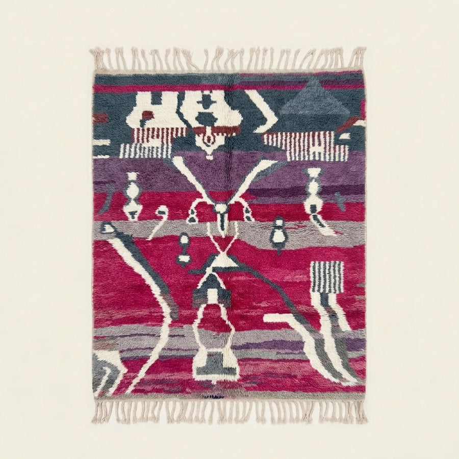 Full view of the Azemur Boujaad rug in magenta, gray, cream and black with horizontal symbolic bands and angular line motifs