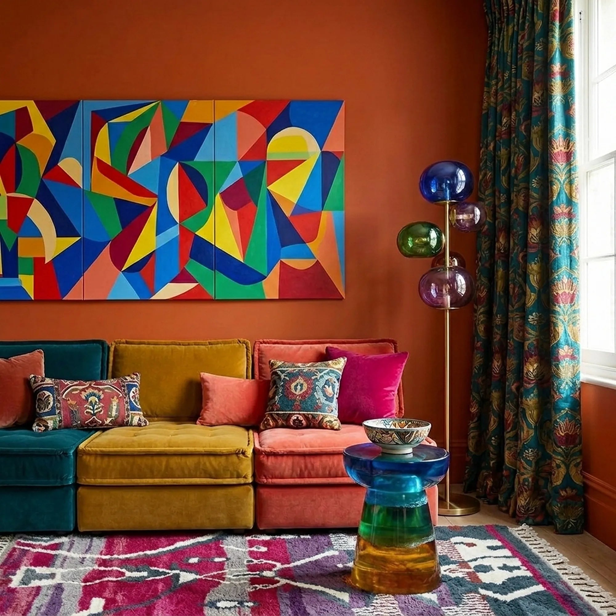 Azemur Boujaad rug styled in a colorful room with its magenta, gray and cream symbolic band design visible