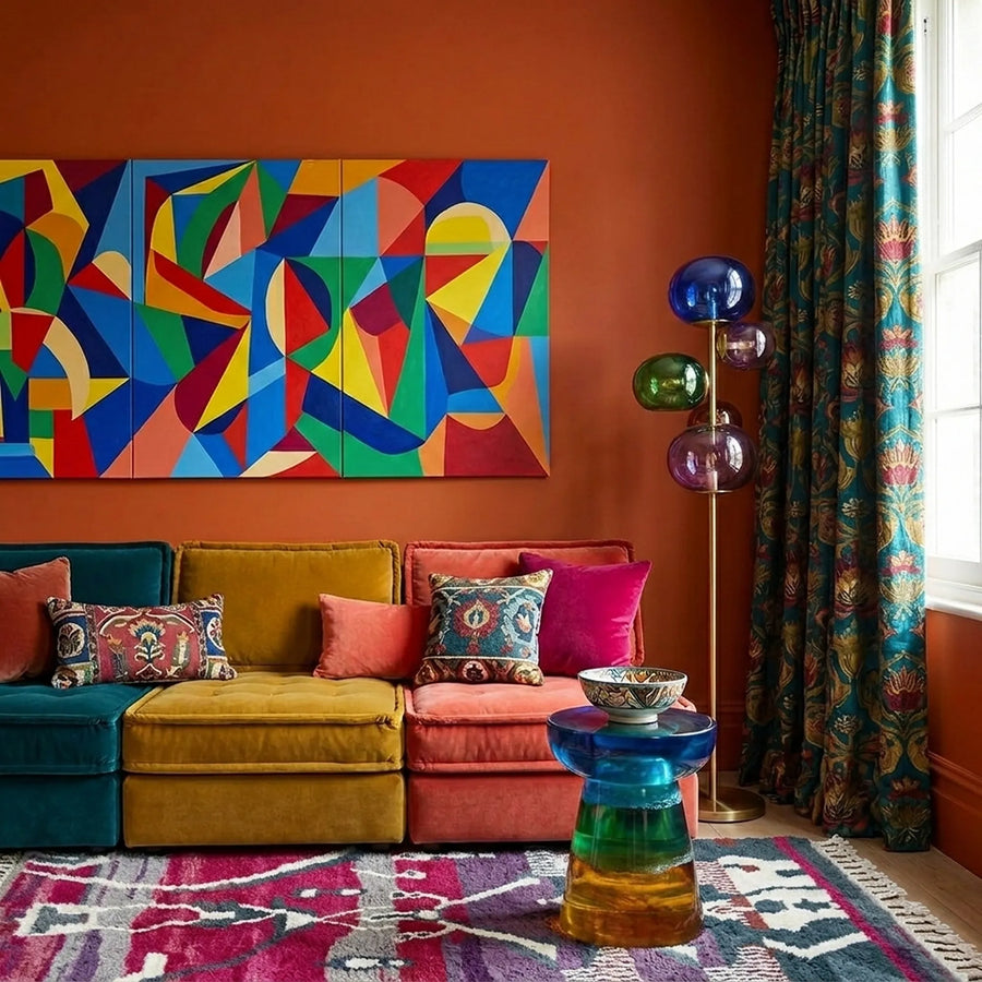 Azemur Boujaad rug styled in a colorful room with its magenta, gray and cream symbolic band design visible
