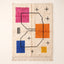 Magenta, orange, blue and gold Azilal rug with painted patches design and black connecting lines on ivory ground
