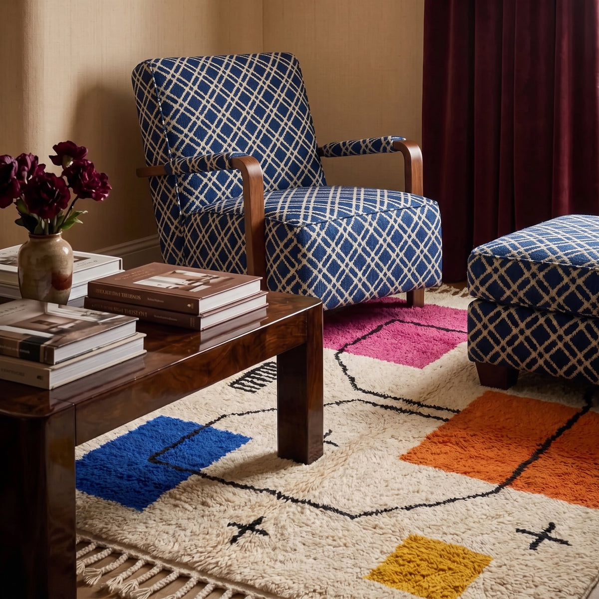 Magenta, orange, blue and gold Azilal rug styled in living room with wooden furniture and blue patterned chair