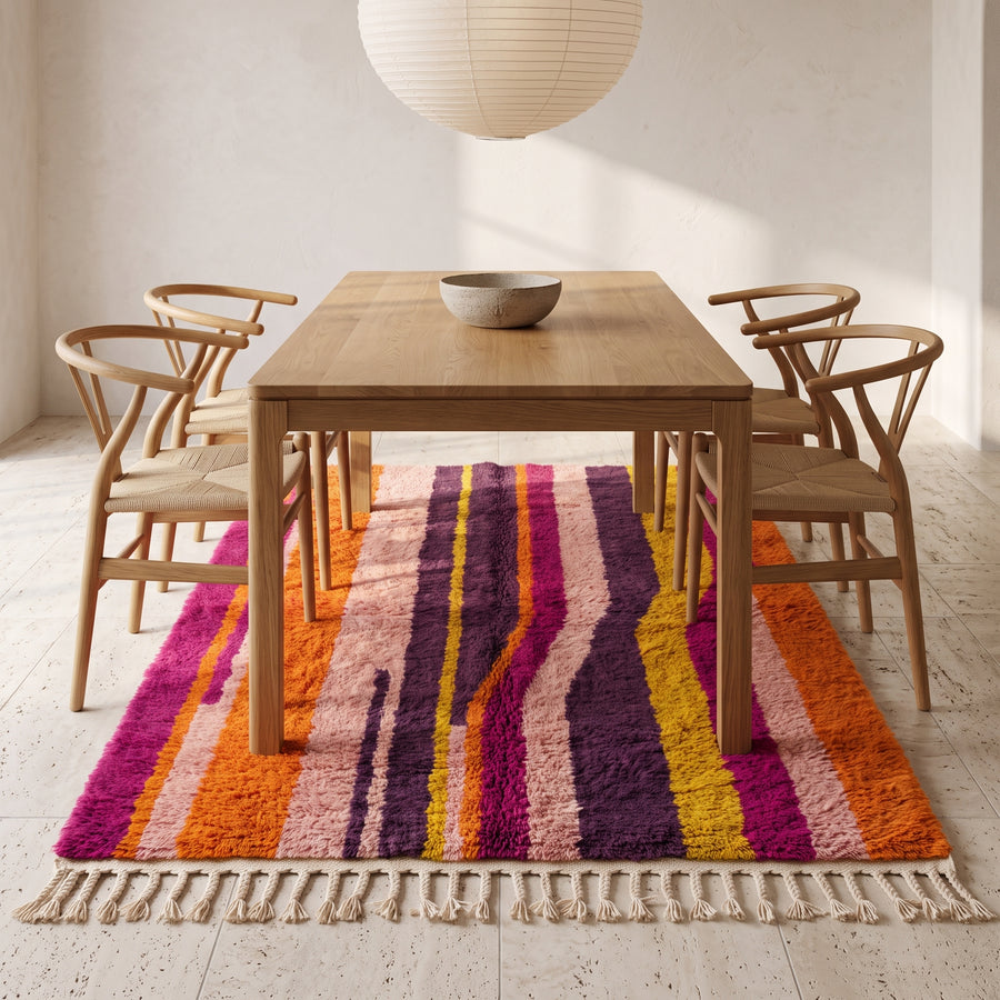 Tanina rug placed under wooden dining table with wishbone chairs in bright interior