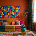 Awrmas Boujaad rug styled in a colorful living room with its flowing multicolor diamond design visible