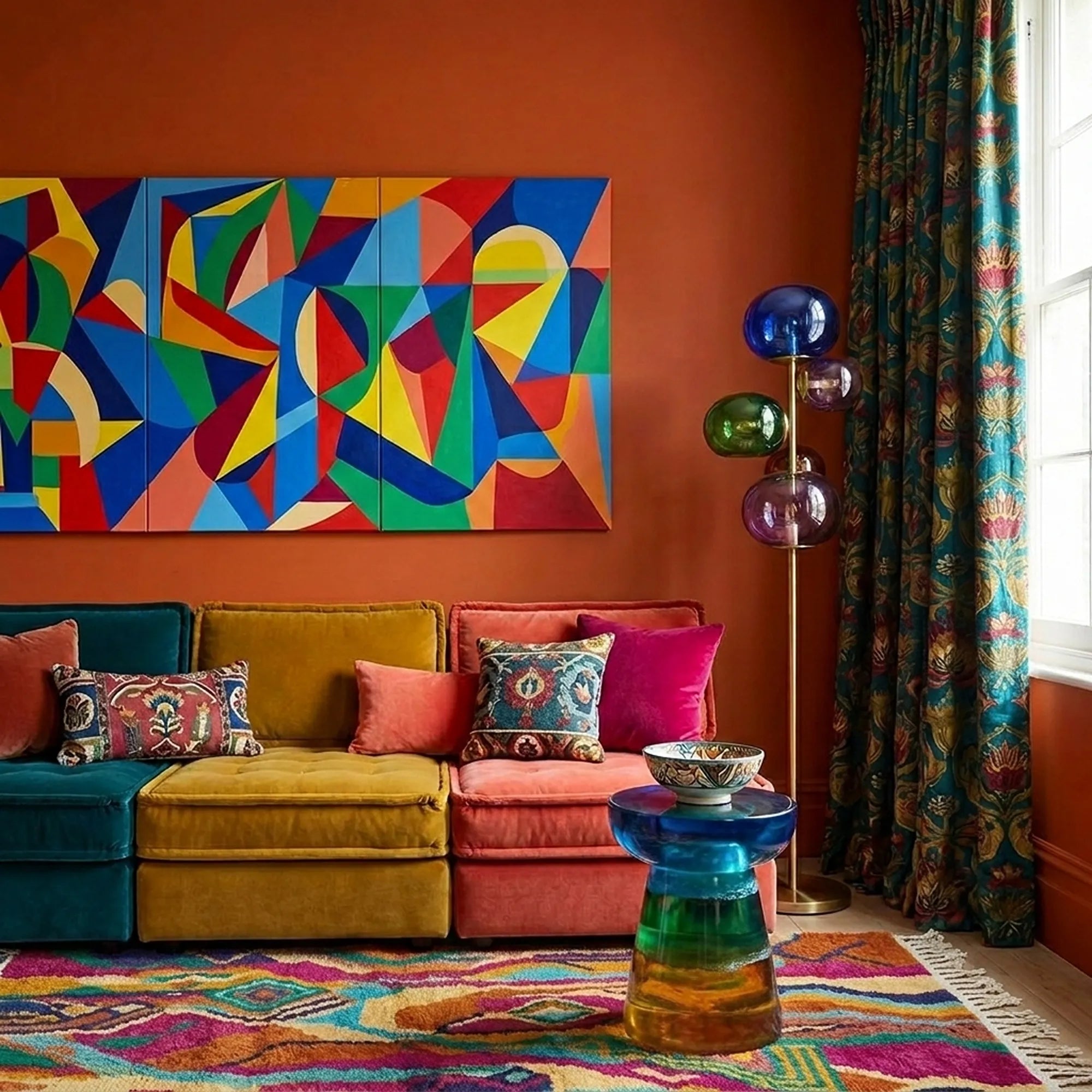 Awrmas Boujaad rug styled in a colorful living room with its flowing multicolor diamond design visible