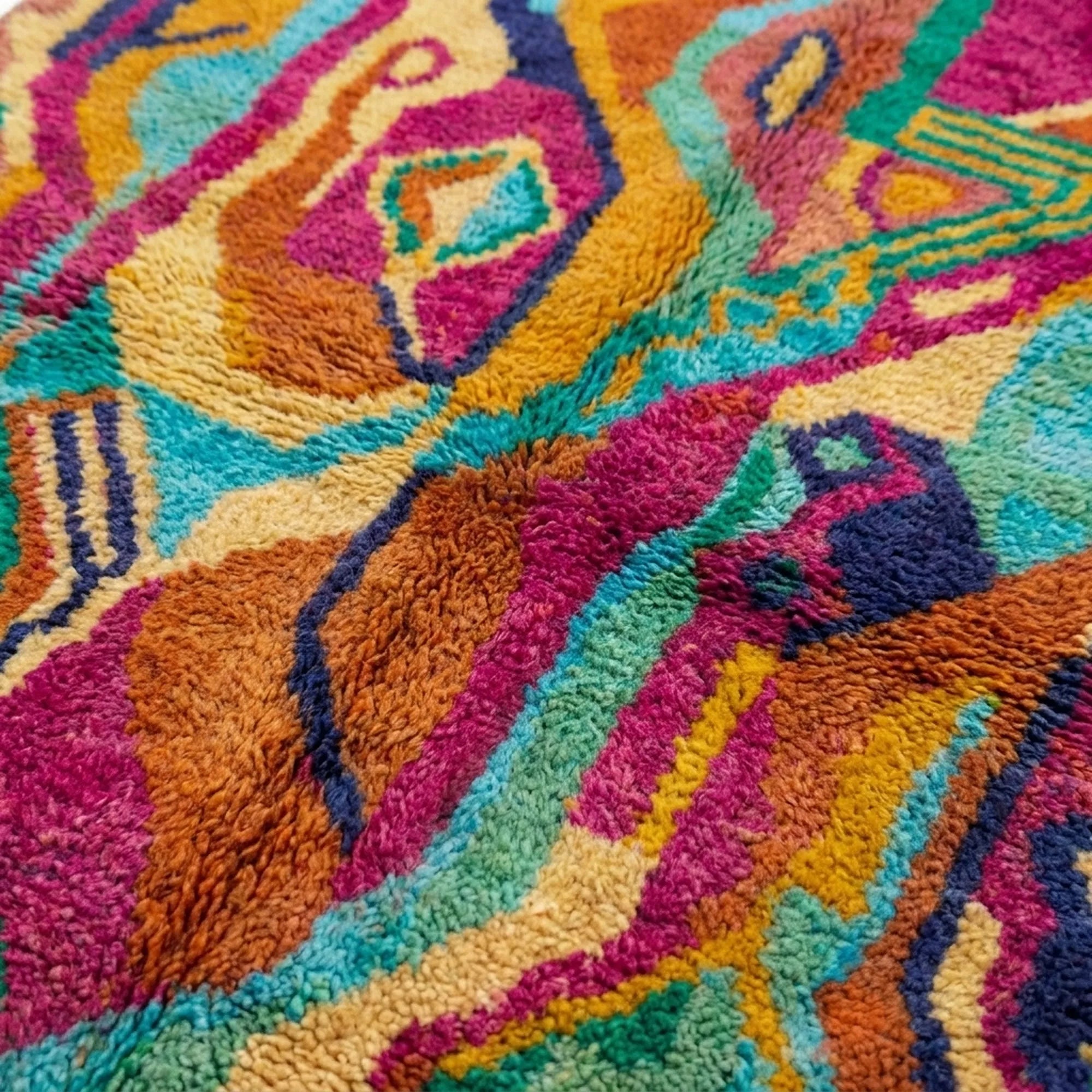 Pattern close-up of Awrmas showing elongated diamonds, flowing wavy bands and layered magenta, orange and teal color