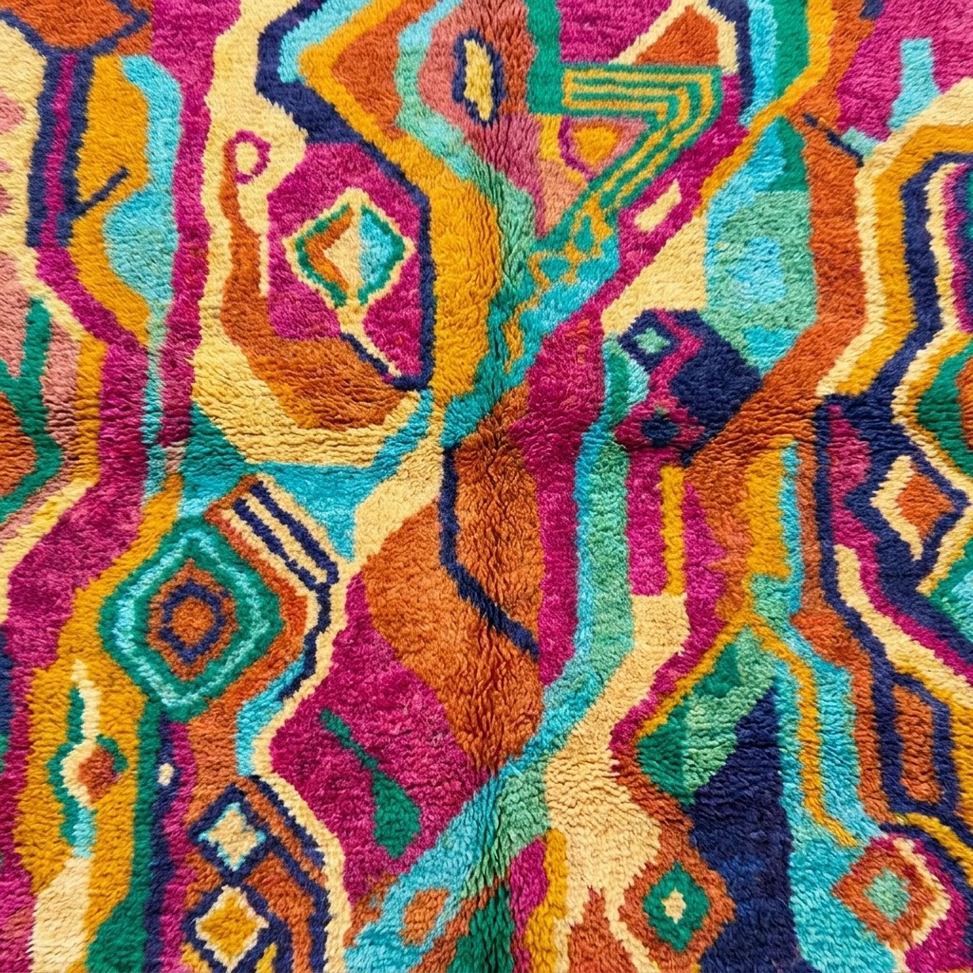 Close-up of the Awrmas Boujaad rug showing plush hand-knotted wool in magenta, orange, teal and green