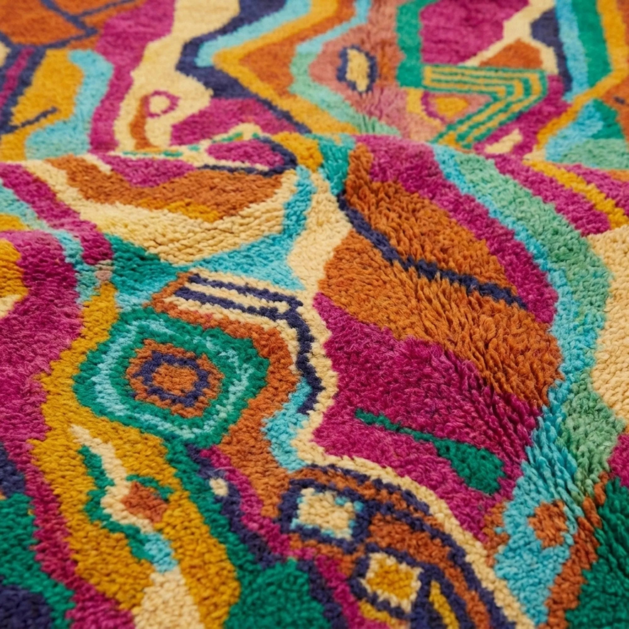 Detailed view of Awrmas showing handwoven flowing shapes and small diamond motifs across the plush wool pile