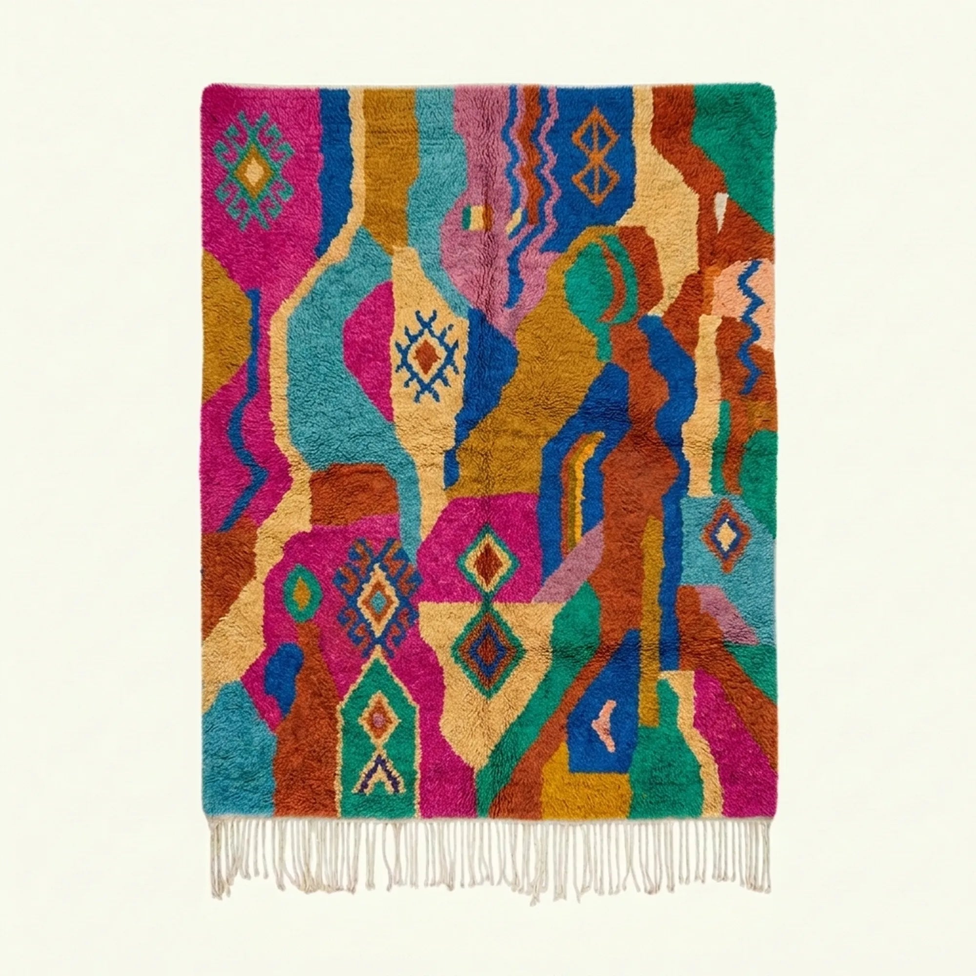 Full view of the Awrir magenta, turquoise and saffron Boujaad rug with a flowing abstract diamond design.