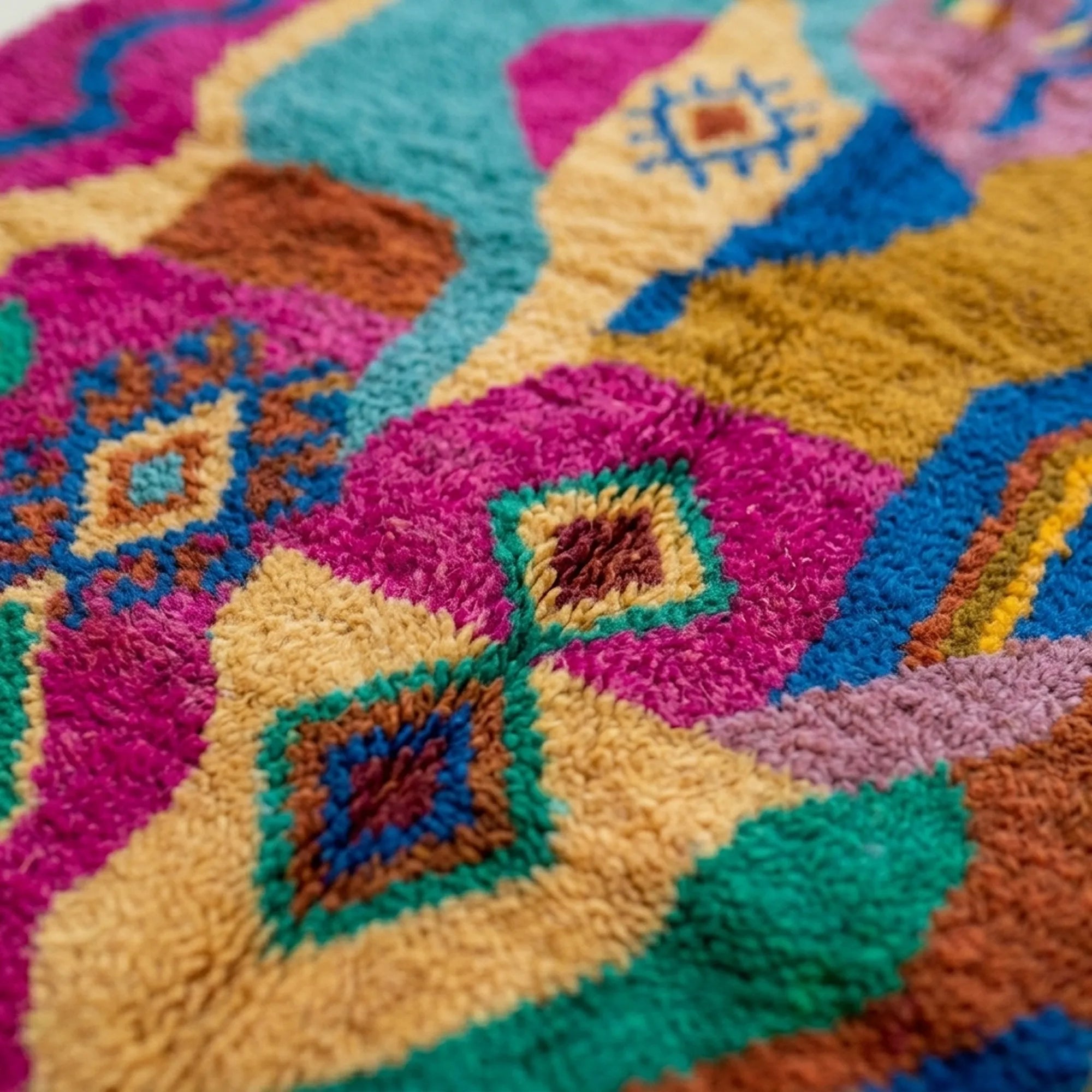 Close-up of the flowing abstract diamond design on the Awrir Boujaad rug.