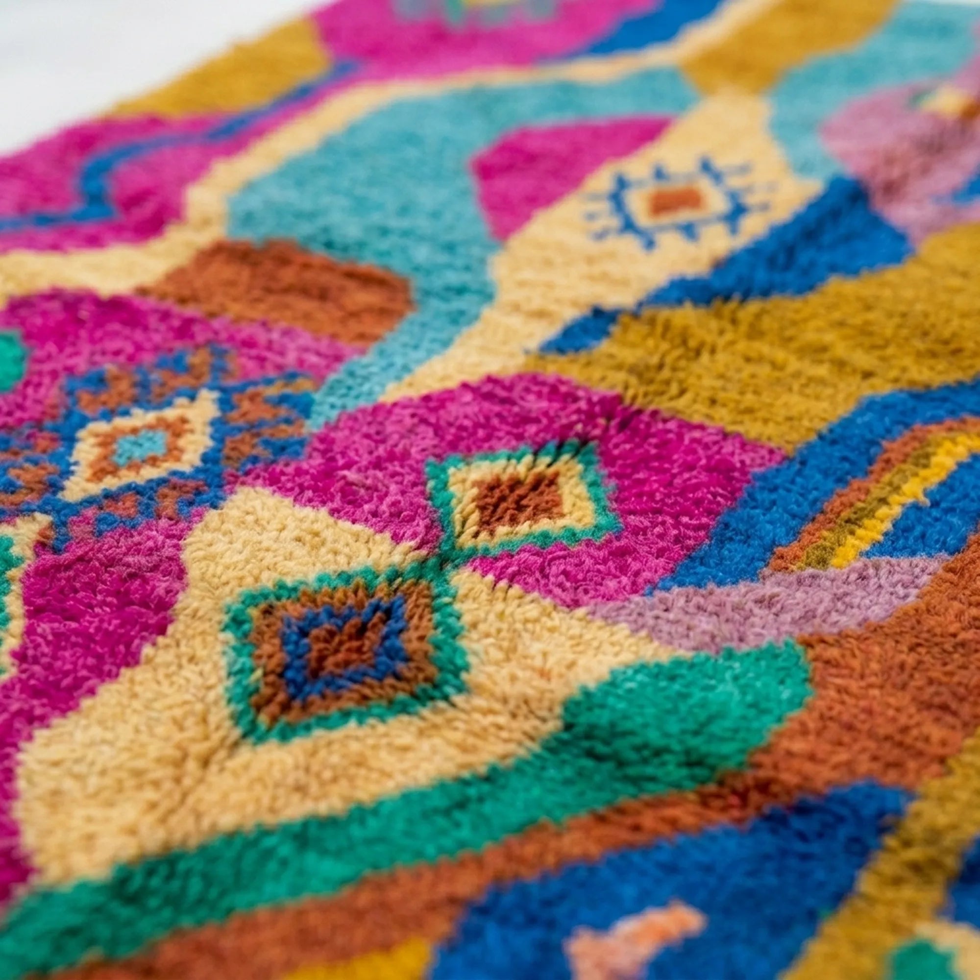 Close-up of the natural wool pile and woven texture of the Awrir Boujaad rug.