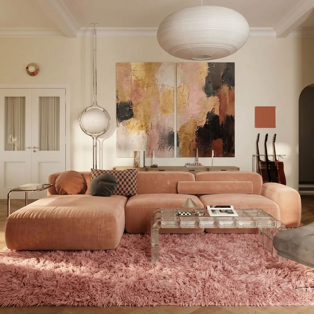 Mauve Beni Ourain rug layered in modern living room under copper sofa and glass coffee table