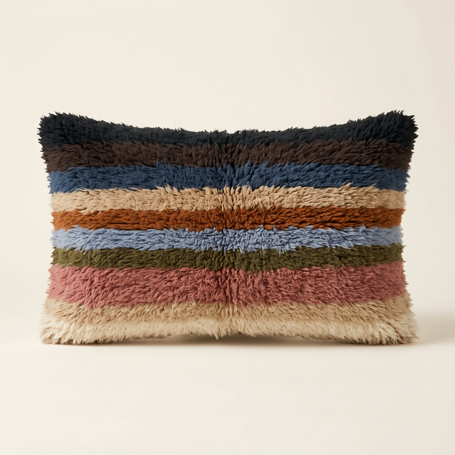 Multicolor Striped Moroccan wool lumbar pillow, Band Stack design, 14 x 24 in