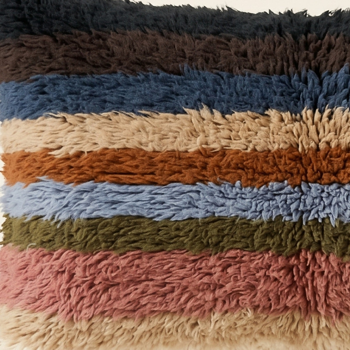 Side view of the Tiwizi Moroccan pillow showing its multicolor striped wool pile