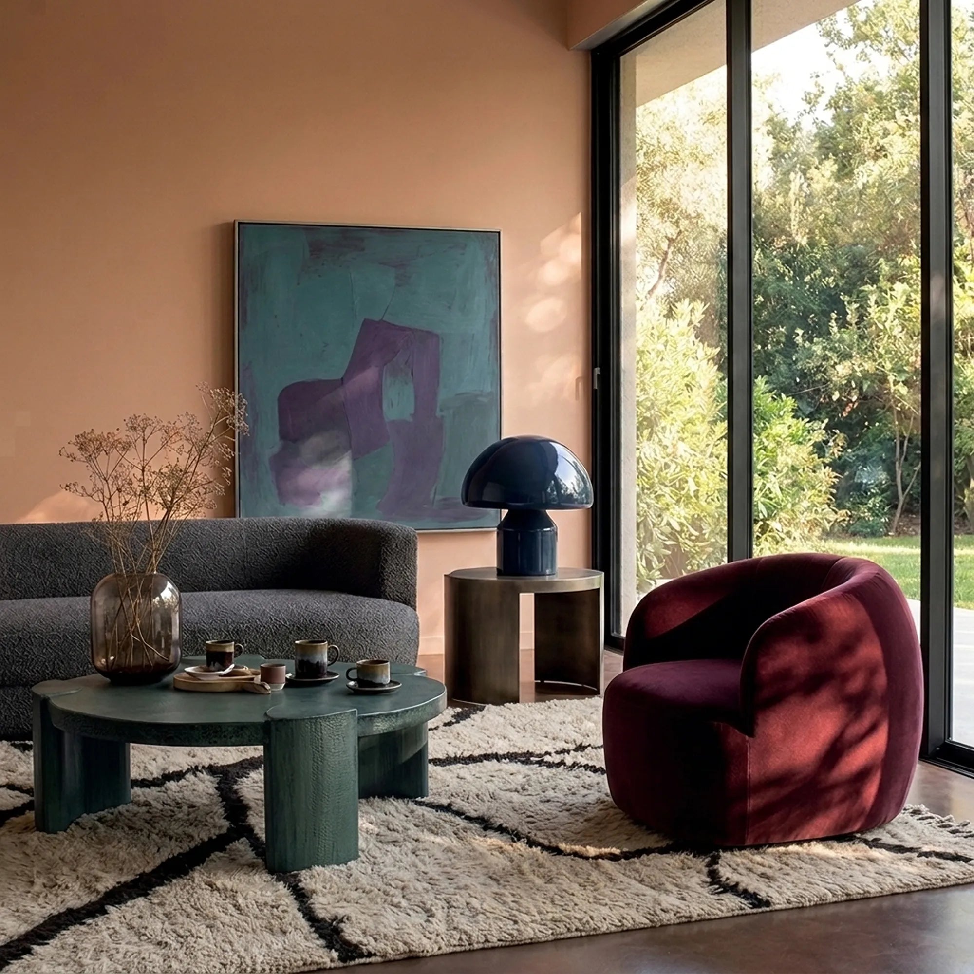Aylal mushroom and dark brown Beni Ourain rug styled in a refined interior.