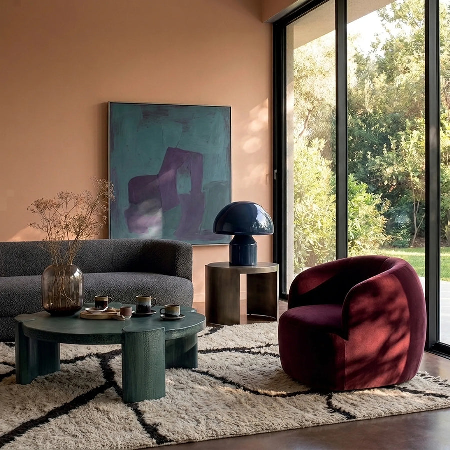 Aylal mushroom and dark brown Beni Ourain rug styled in a refined interior.