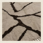 Close-up of the natural Atlas wool pile on the Aylal mushroom and dark brown Beni Ourain rug.
