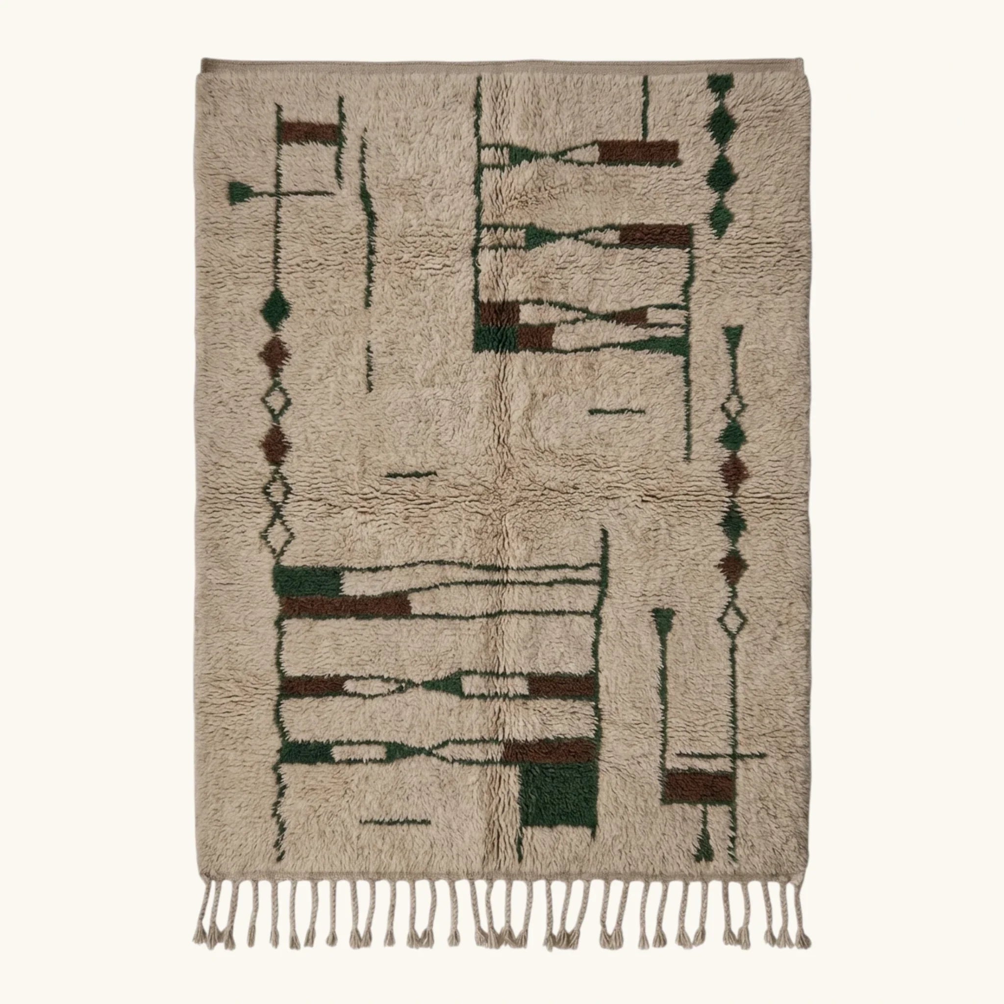 Full view of the Tafra mushroom, forest green and charcoal Beni Ourain rug with an abstract linear design.