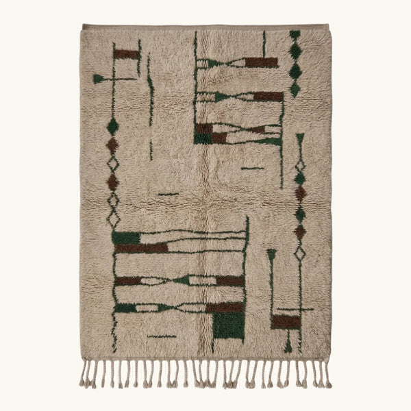 Tapis Beni Ourain Champignon, Vert Forêt et Anthracite – Motif Linéaire Abstrait – Tafra