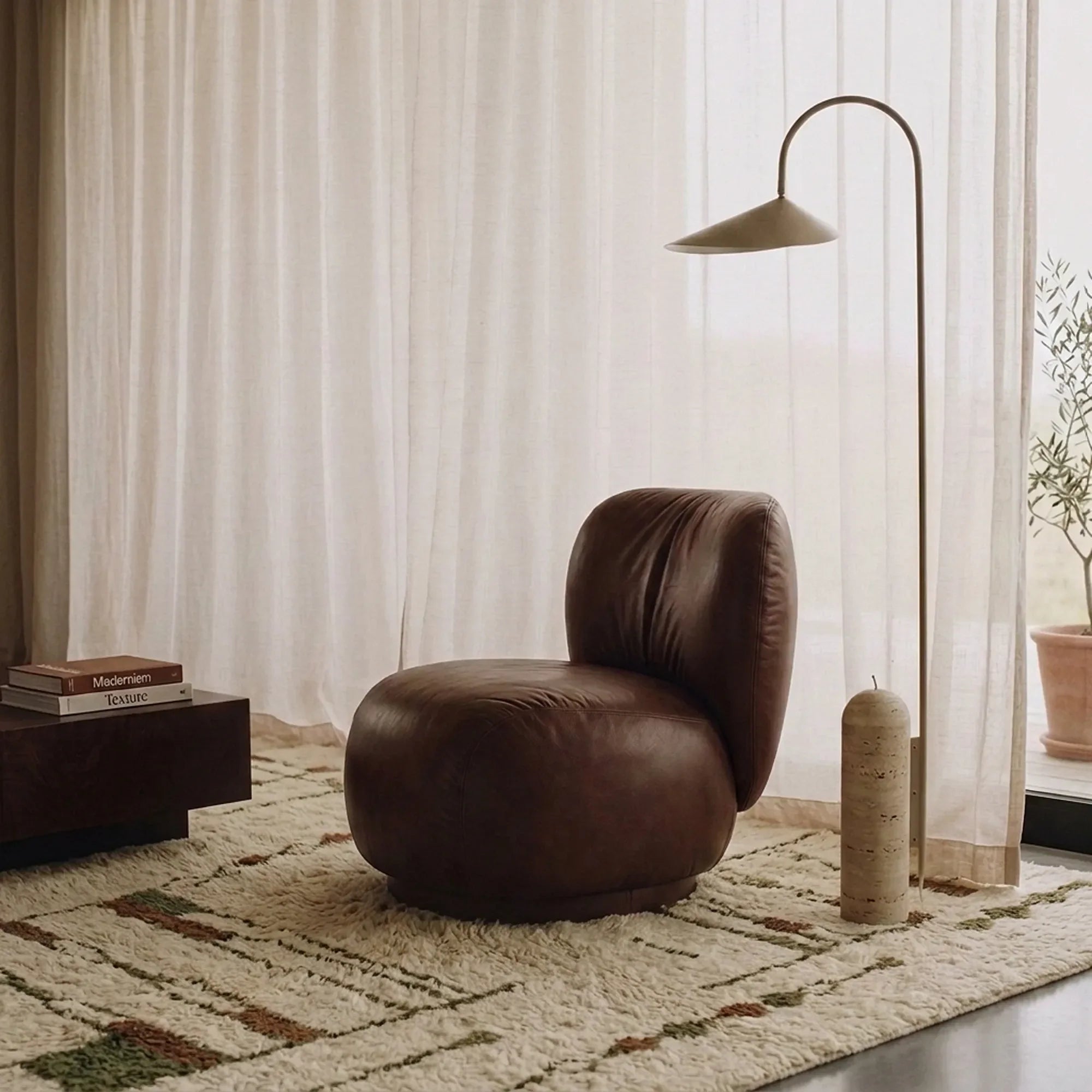 Tafra mushroom, forest green and charcoal Beni Ourain rug styled in a refined living room.