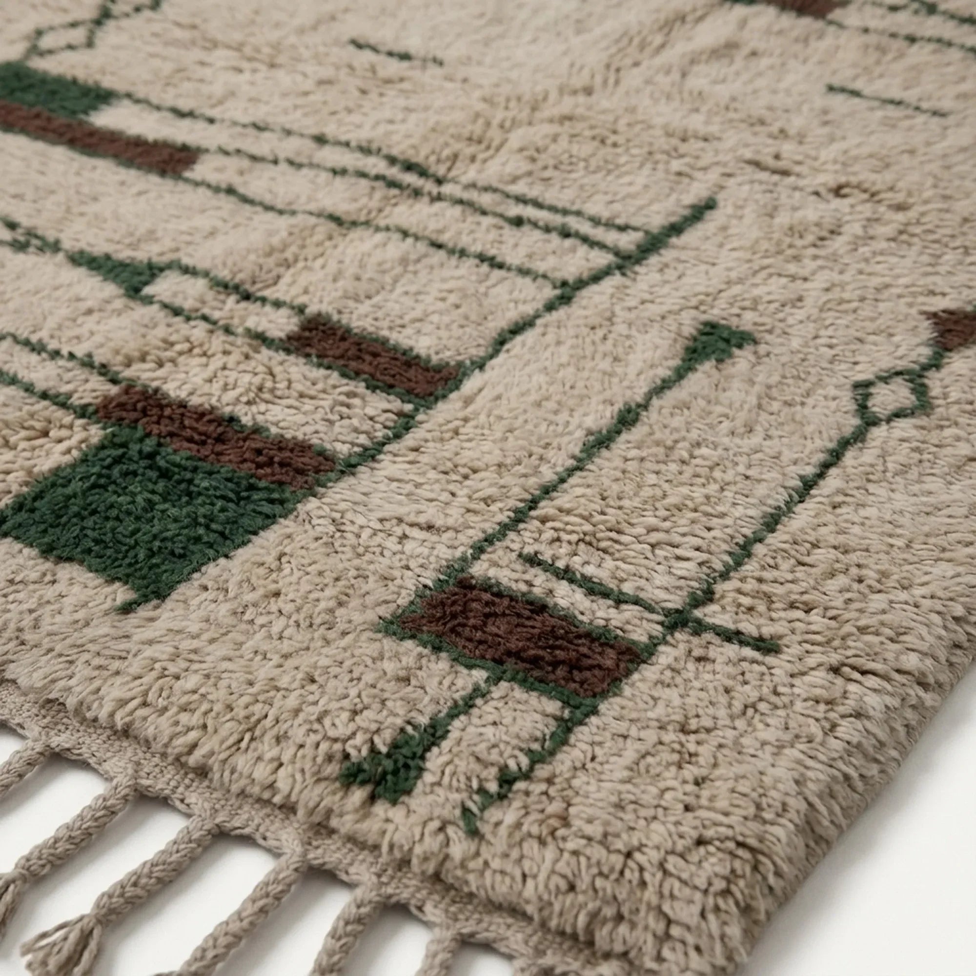 Close-up of the abstract linear pattern on the Tafra rug.