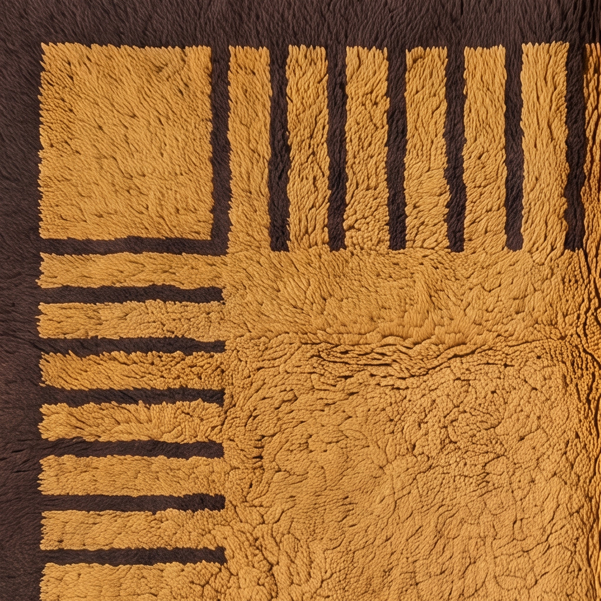 Corner detail of mustard and chocolate Mrirt rug showing border frame and stripe column definition
