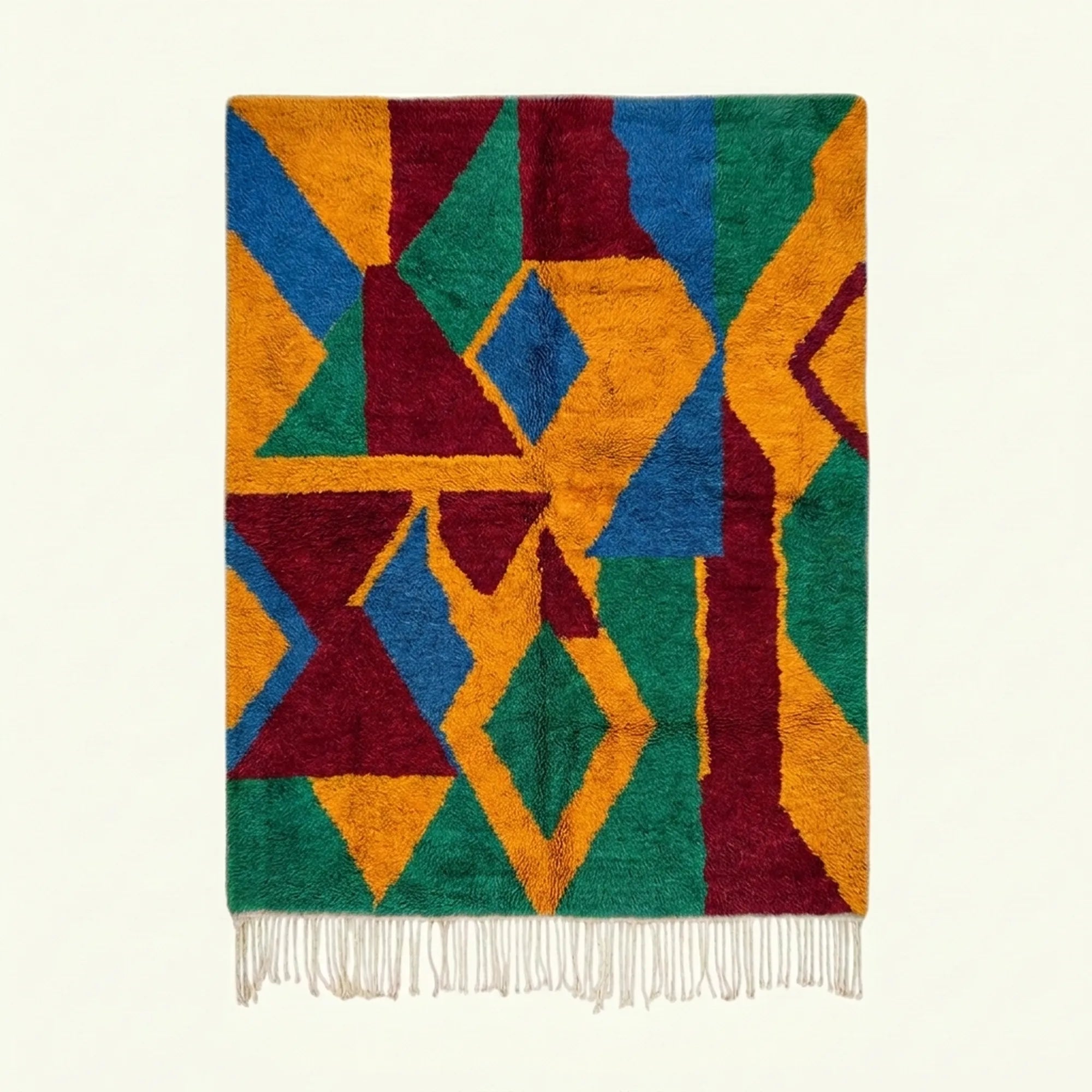 Full view of the Imazigh Boujaad rug in mustard, green, cobalt and burgundy with bold interlocking triangle forms