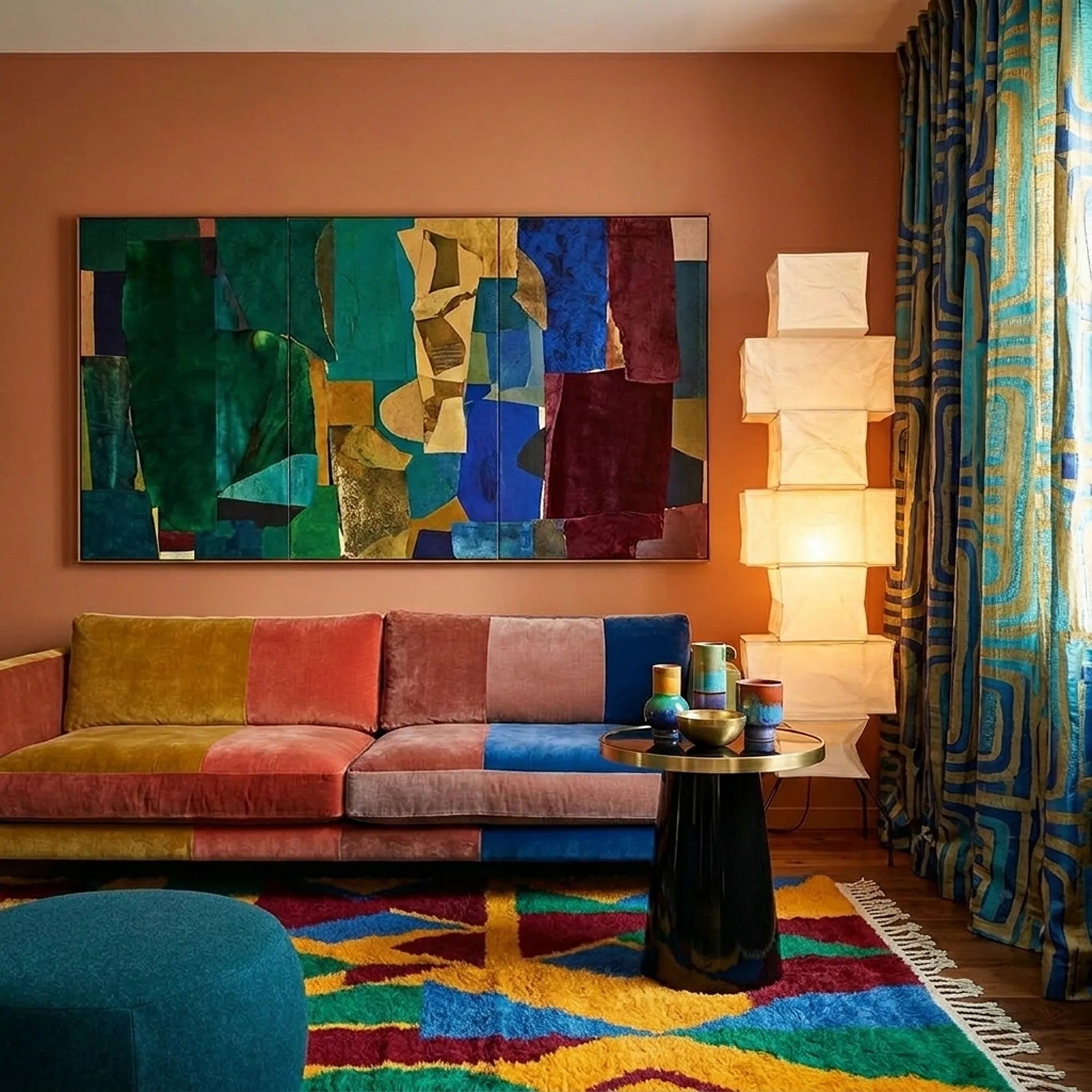 Imazigh Boujaad rug styled in a living room with its mustard, green, cobalt and burgundy geometric design visible