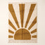 Mustard and ivory Beni Ourain rug with geometric sunburst design radiating from central semicircle, flat lay on plain background