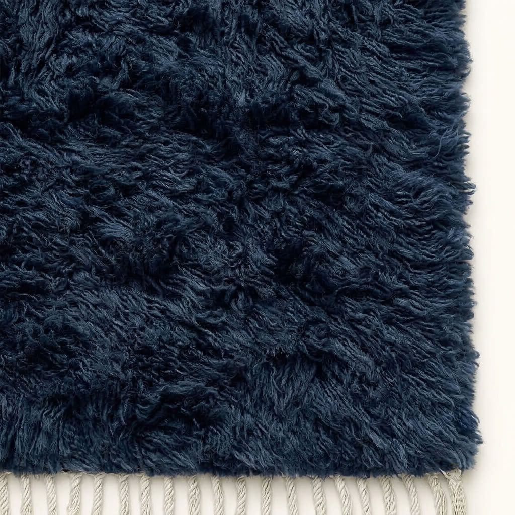 Navy Beni Ourain pile showing soft, deeply textured surface