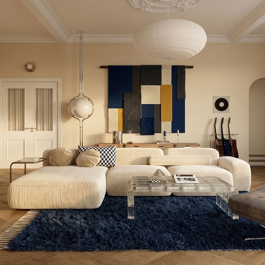 Navy textured Beni Ourain rug in contemporary living room with cream sofa and modern furnishings