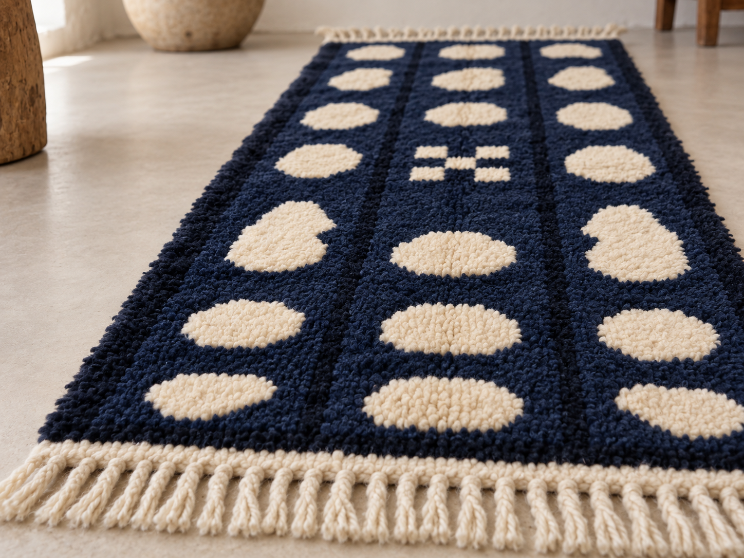Navy and cream Mrirt runner with pebble design displayed on light floor