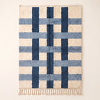 Navy and ivory Beni Ourain rug with cross grid pattern formed by thick intersecting bands on plain background