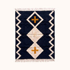 Navy, ivory and gold Beni Ourain rug with diamond lattice and cross motif on plain background