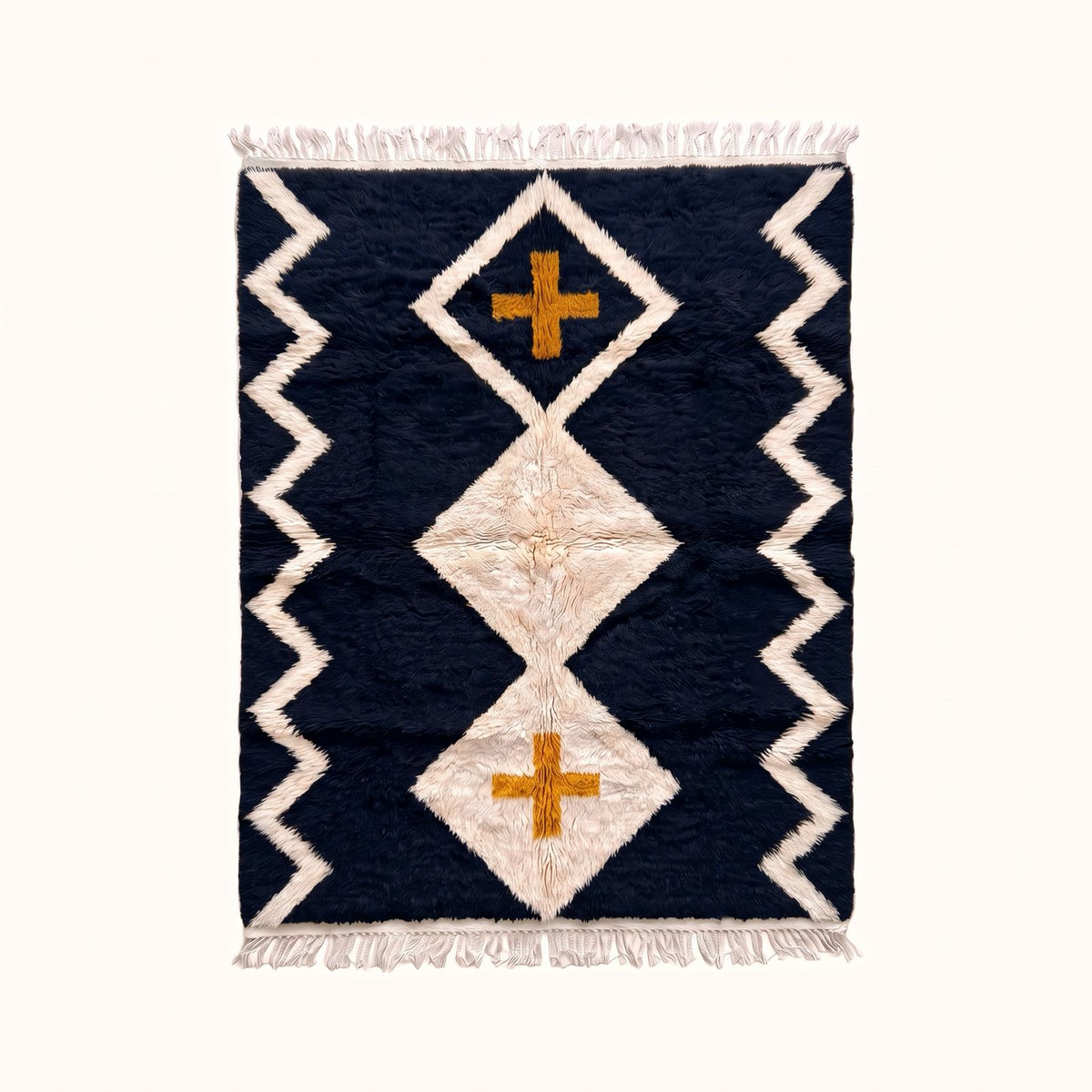 Navy, ivory and gold Beni Ourain rug with diamond lattice and cross motif on plain background