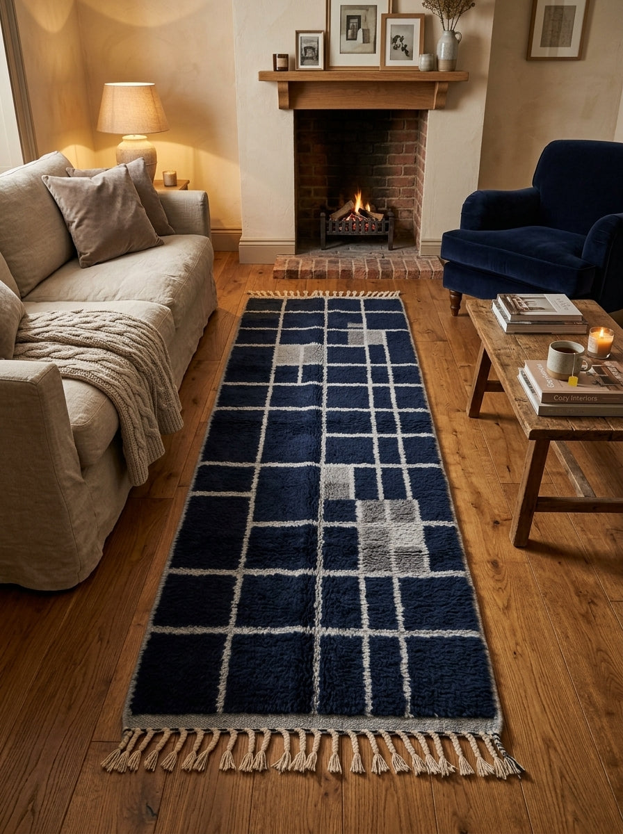Navy and ivory Mrirt grid check runner in living room by fireplace, between beige and navy armchairs