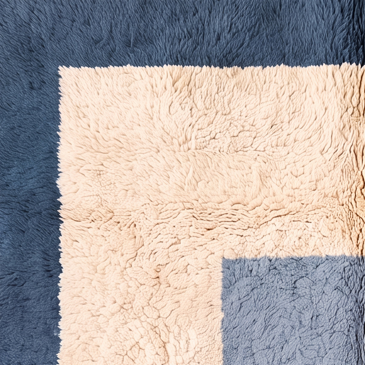 Angled view of color blocks showing navy base, cream rectangle, slate blue rectangle and textured plush pile