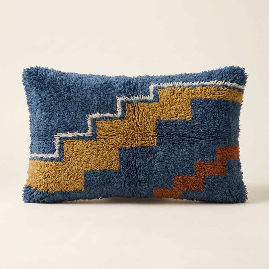 Navy & Mustard Moroccan wool lumbar pillow, Step Climb design, 14 x 24 in