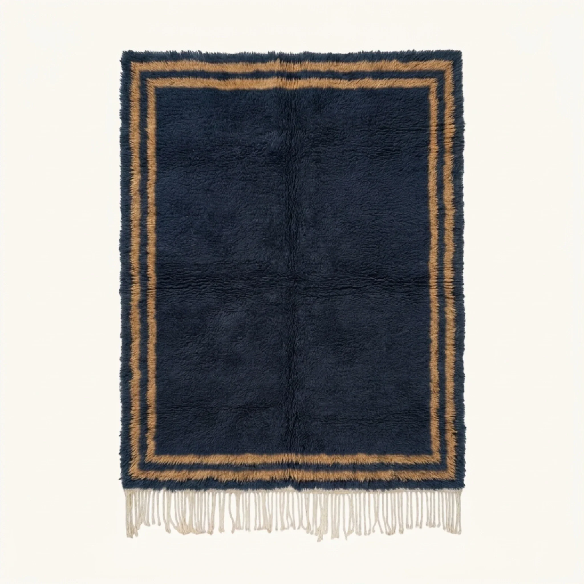 Full view of the Isli navy and ochre Beni Ourain rug with an ivory double border.