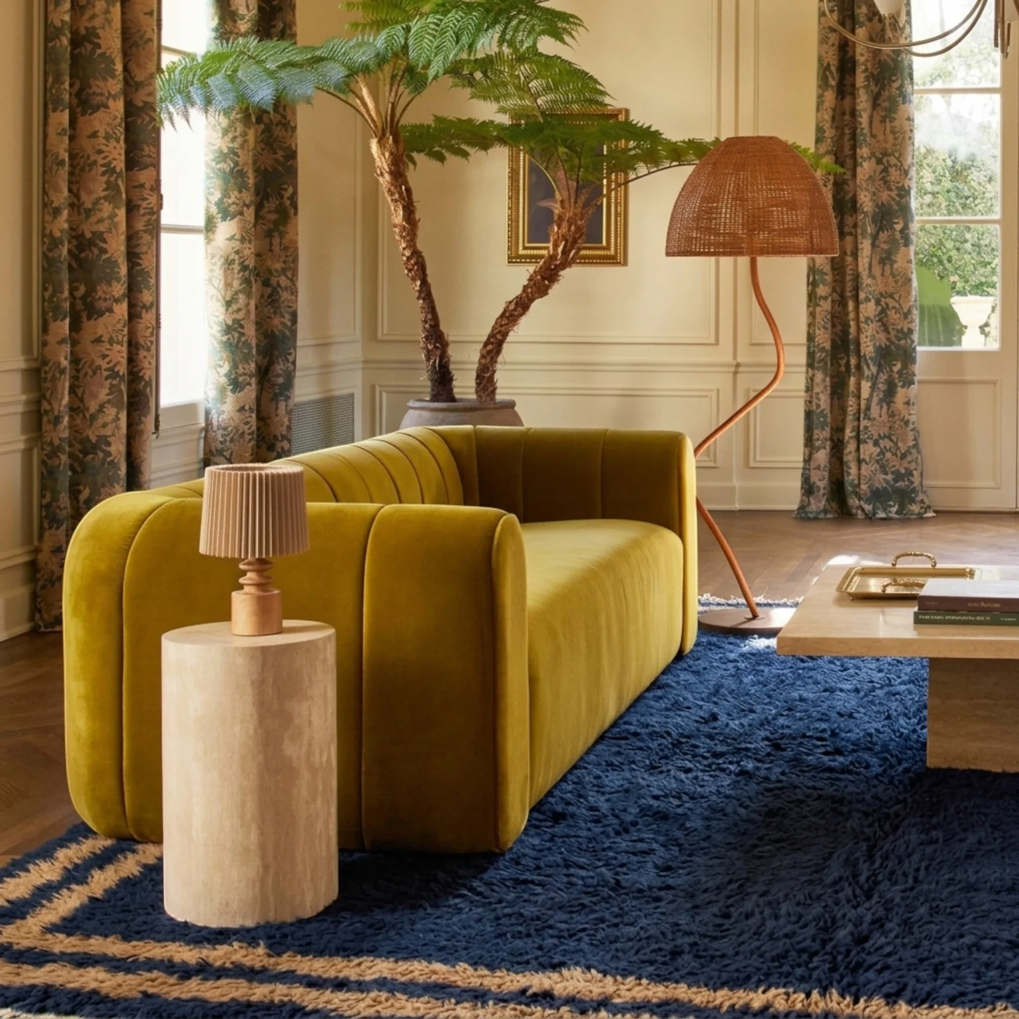 Isli navy and ochre Beni Ourain rug styled in a contemporary living room.
