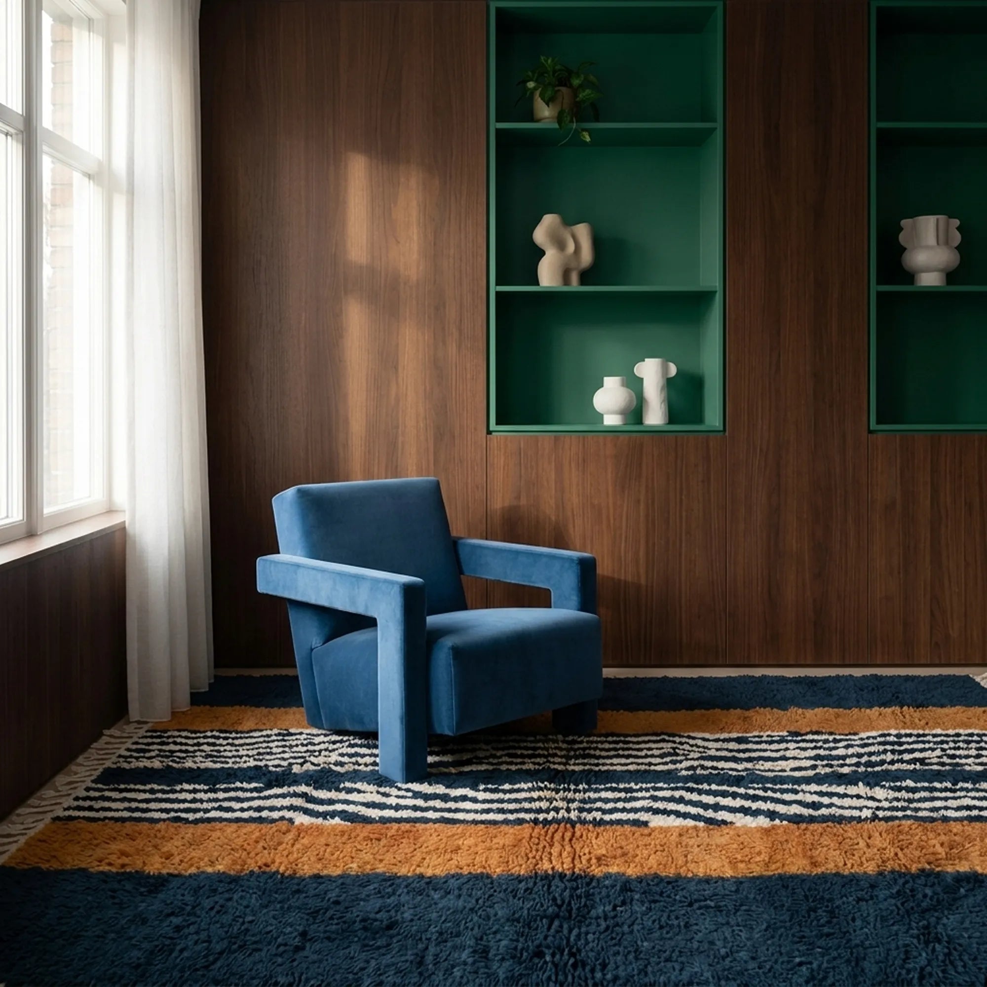 Tifrit navy, ochre and ivory Beni Ourain rug styled in a refined living room.