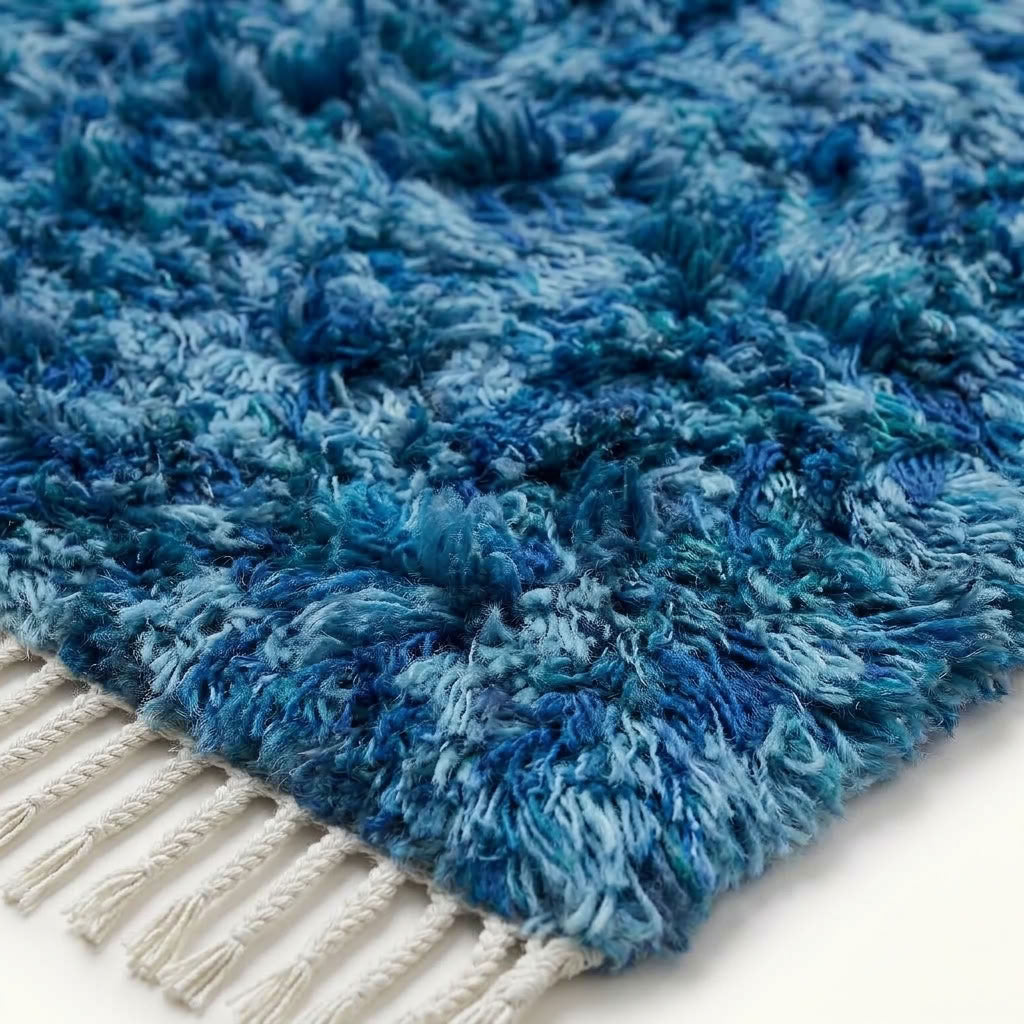 Detail of ivory fringed edge and navy textured pile on Beni Ourain rug Itri