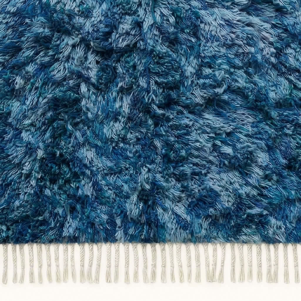 Close-up of navy, pale blue and ivory textured pile on Beni Ourain rug Itri showing diamond lattice detail