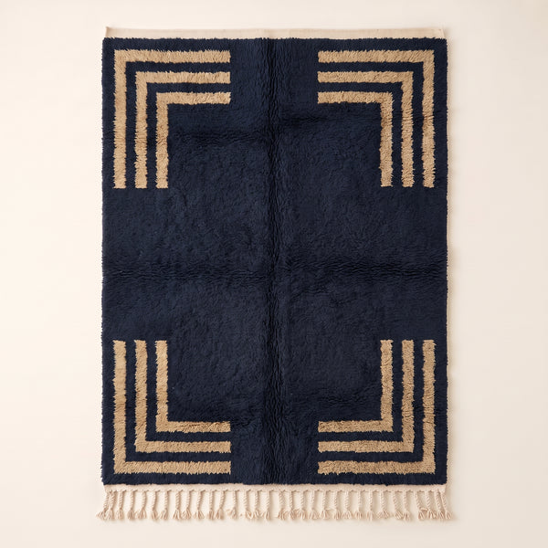 Tapis Mrirt Bleu Marine et Havane – Motif à cadres d'angle – Tinifsen