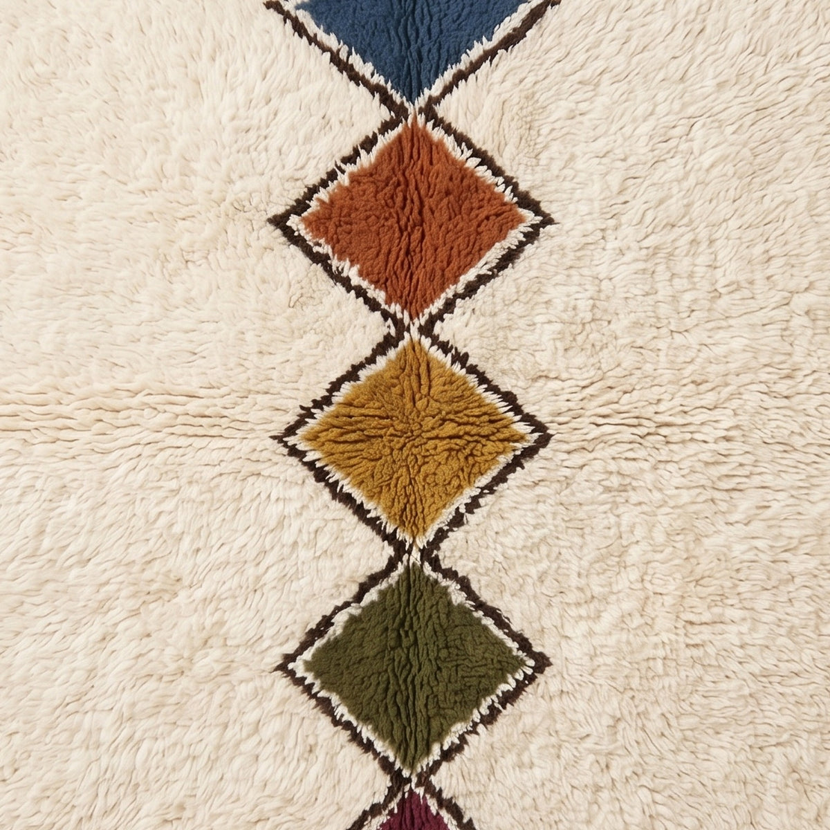 Angled view of Tafrara lozenge chain segment featuring navy, terracotta, gold and olive diamonds with cream-outlined edges