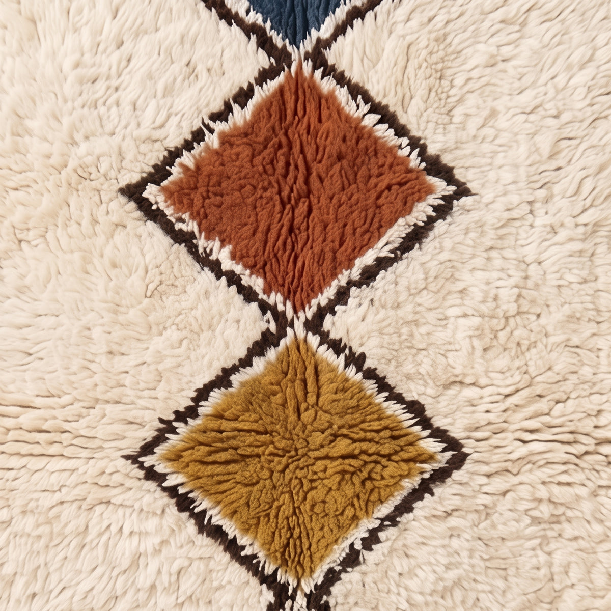 Close-up of terracotta and gold diamond lozenges in Tafrara showing plush wool pile and brown outline detail