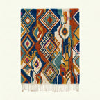 Full view of the Azwawen Boujaad rug in navy, terracotta, teal and cream with stacked diamonds and linear symbols