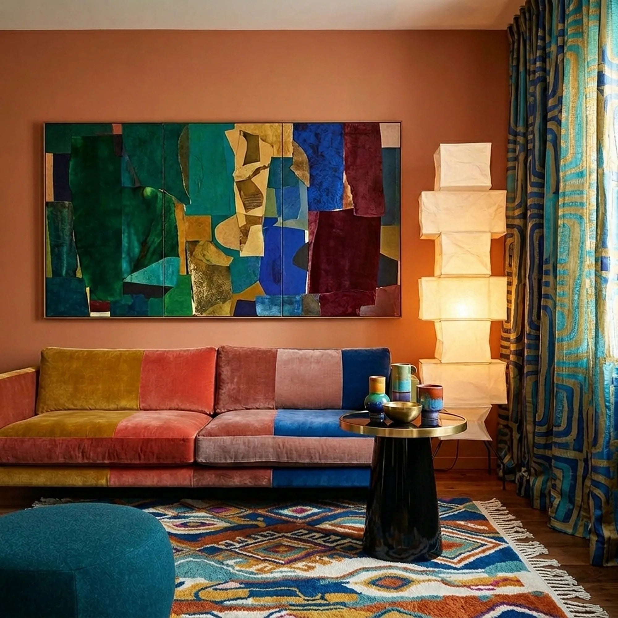 Azwawen Boujaad rug styled in a living room with its navy, terracotta and teal geometric pattern visible