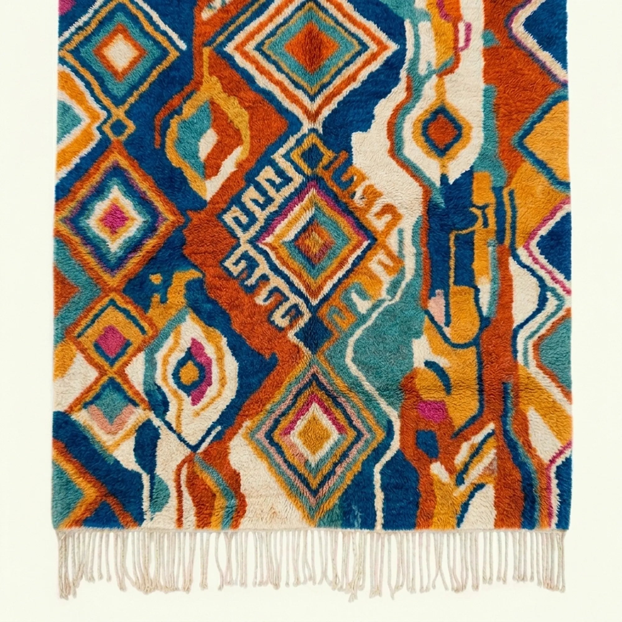 Alternative full view of the Azwawen Boujaad rug showing the complete diamond and symbolic linear composition