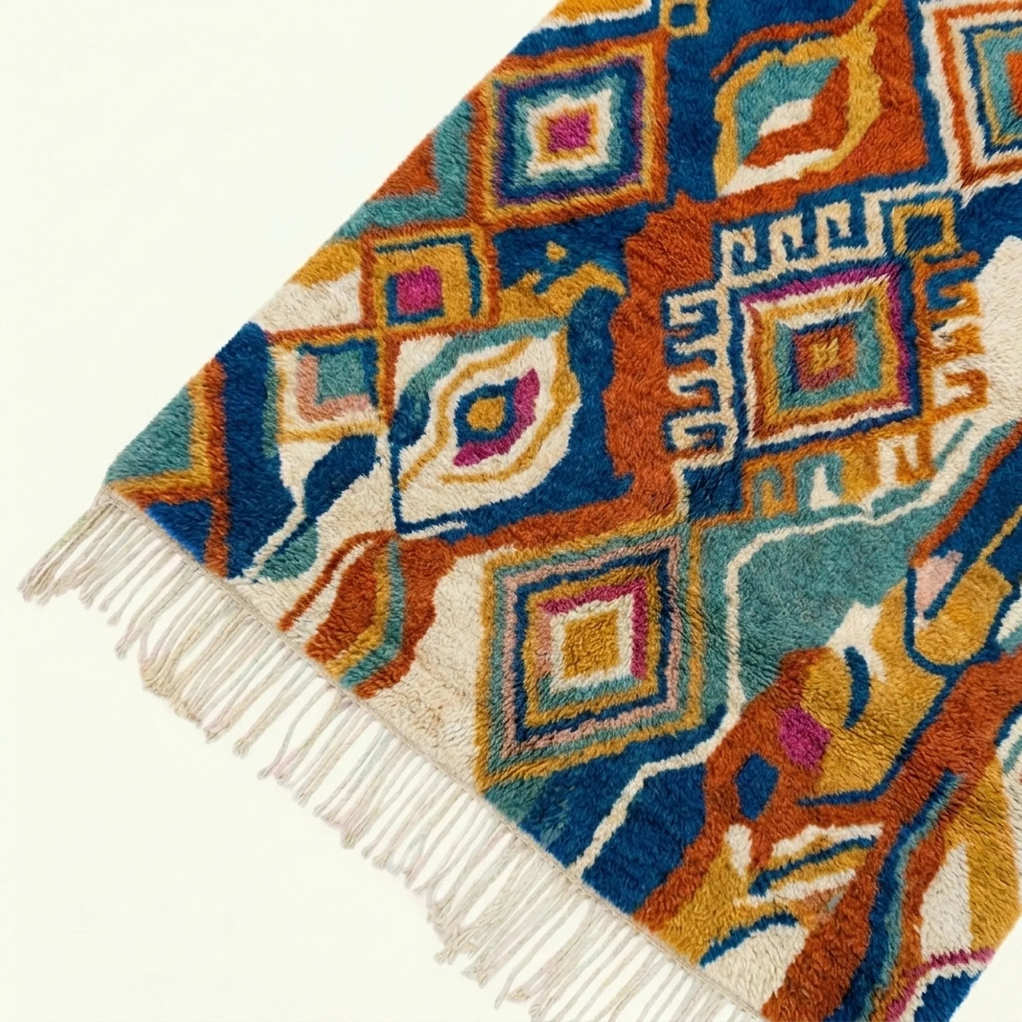 Angled close-up of the Azwawen Boujaad rug showing its plush hand-knotted wool pile and geometric pattern