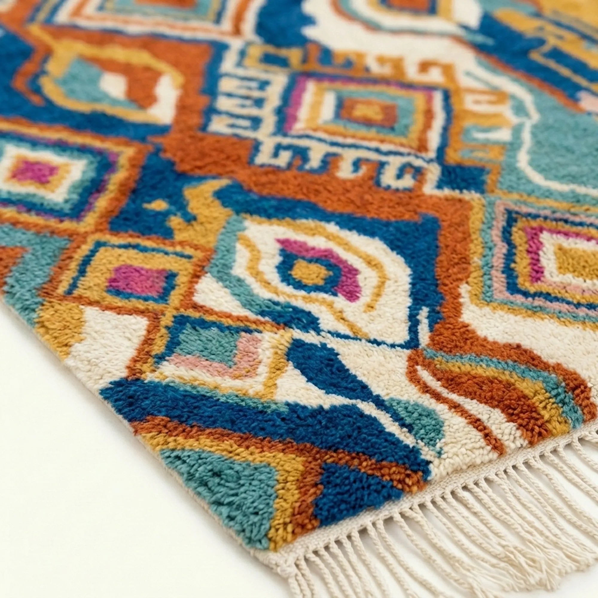 Detail view of Azwawen showing handwoven diamond, square and flowing line motifs across the wool surface